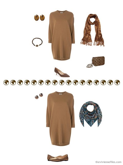 2 ways to wear a caramel knit dress from a 4 by 4 Wardrobe in browns, cream and teal