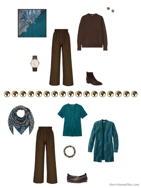 2 ways to wear brown high-waist pants from a 4 by 4 Wardrobe in browns, cream and teal