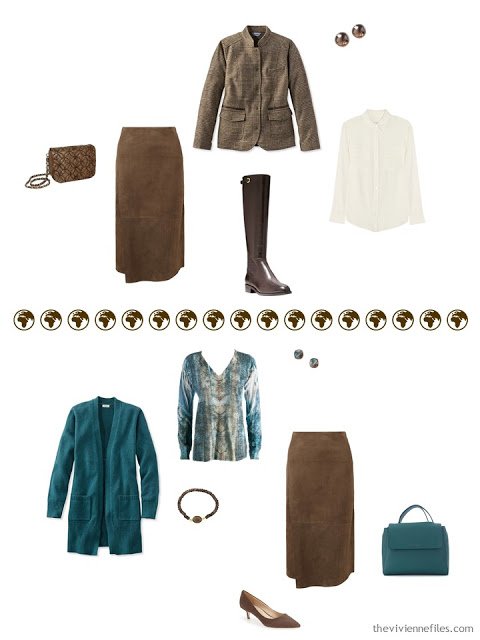 2 ways to wear a brown suede skirt from a 4 by 4 Wardrobe in browns, cream and teal