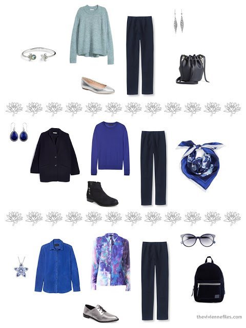 3 ways to wear navy pants from a 4 by 4 Wardrobe inspired by Monet