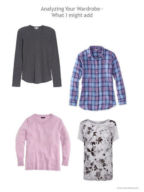 suggested additions to a capsule wardrobe in grey, blue and orchid