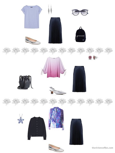 3 ways to wear a navy skirt from a 4 by 4 Wardrobe inspired by Monet