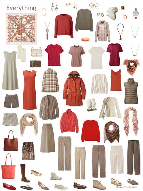 capsule wardrobe in brown, beige and shades of red