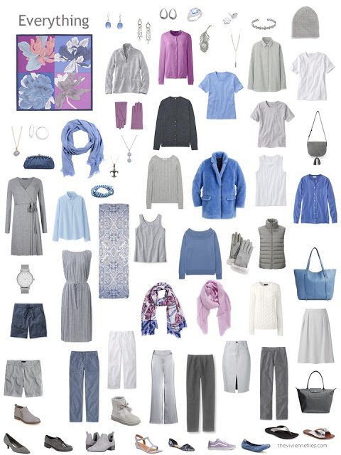 a 12-outfit wardrobe in grey with shades of blue, orchid and white