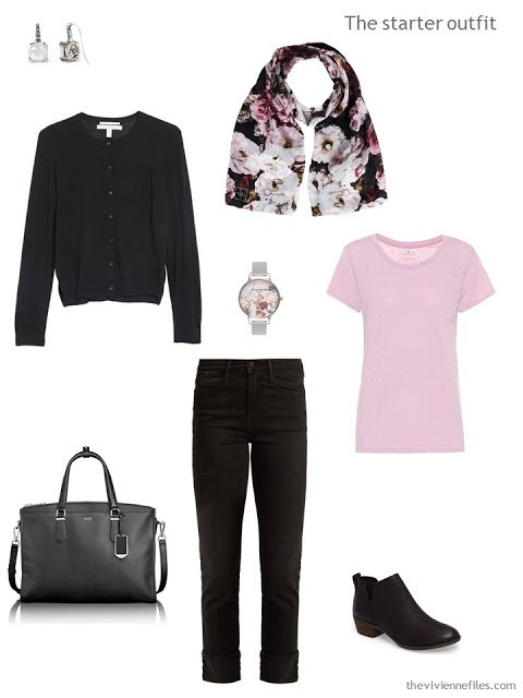 a basic travel outfit in black and pink