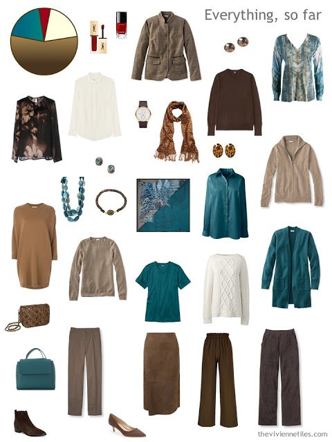 4 by 4 Wardrobe in shades of brown and cream with teal accents and minimal accessories