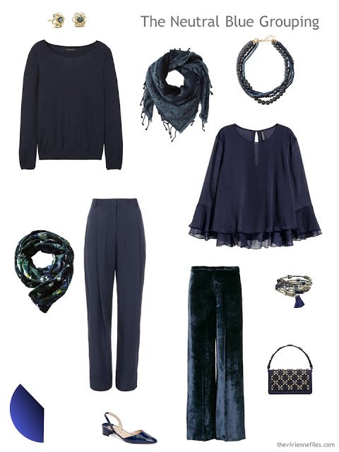 Four garments in dark blue for evening wear