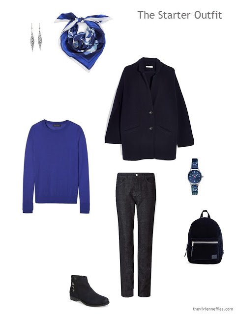 a starter outfit in navy and bright blue