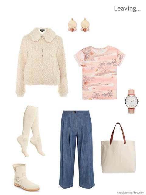travel outfit in ivory, peach and denim