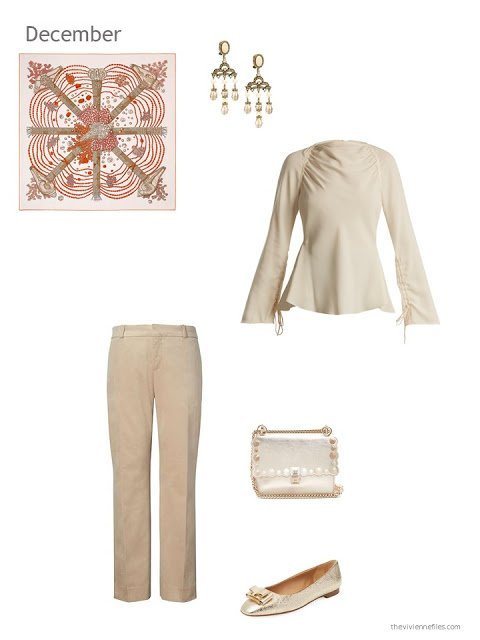 a beige blouse and beige velvet pants