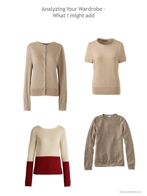 suggested additions to a capsule wardrobe in beige, brown and shades of red