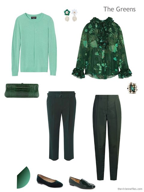 Four green garments for evening wear