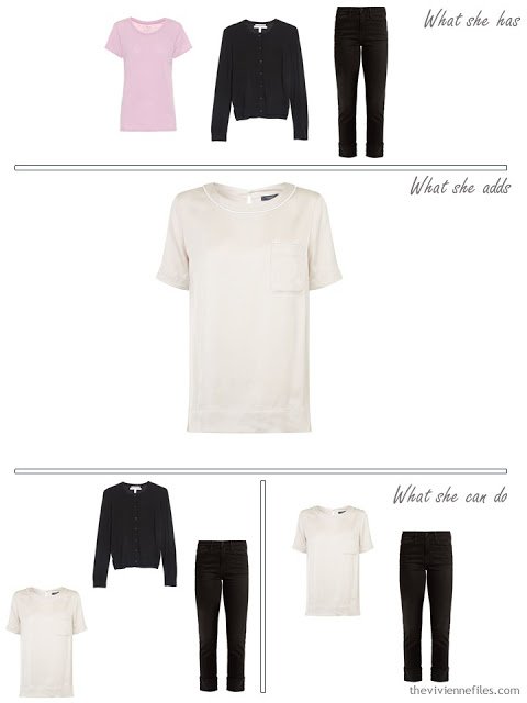 adding an ivory tee shirt to a capsule wardrobe