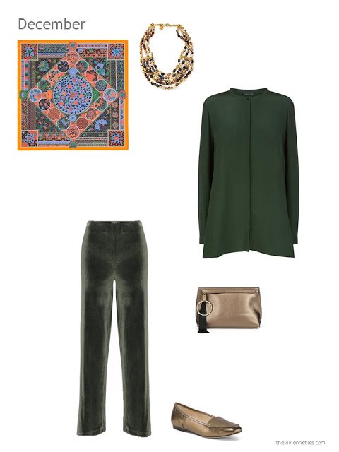 a green silk tunic with green velvet pants