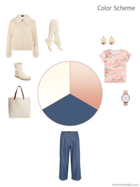 travel outfit in ivory, peach and denim broken out into a color scheme
