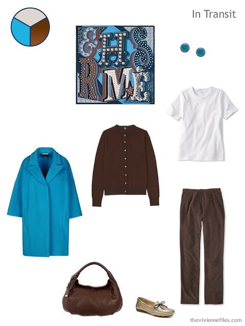 travel outfit in blue and brown