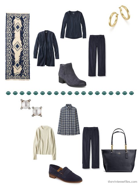 2 outfits from a 4 by 4 Wardrobe in navy, beige and teal