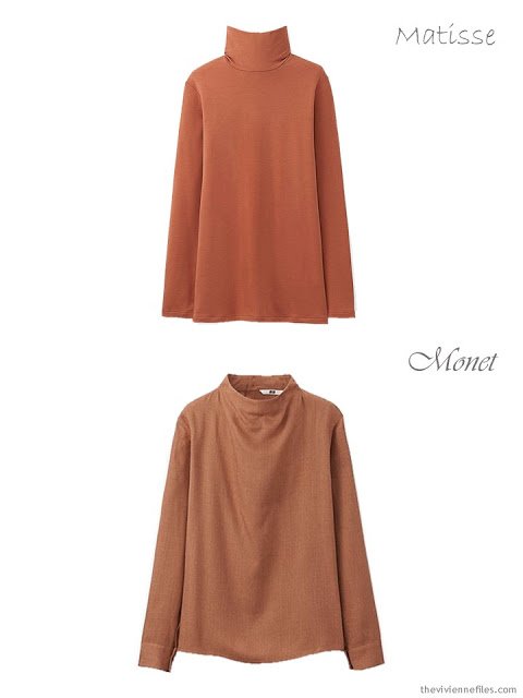 a rust turtleneck and a rust blouse from Uniqlo