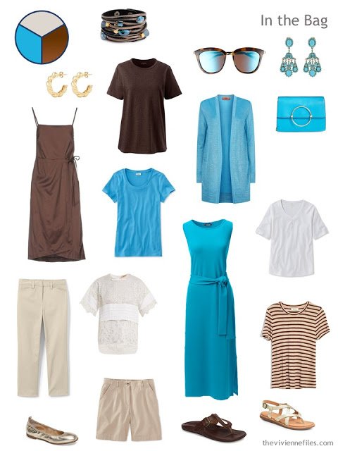 travel capsule wardrobe in blue, brown, beige and white for a warm weather vacation
