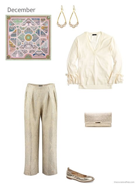 a cream sweater with gold brocade trousers