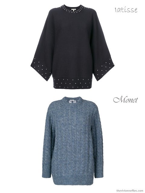 comparing a studded sweater to a marled sweater
