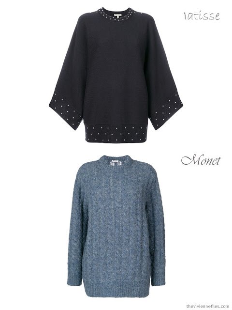 comparing a studded sweater to a marled sweater
