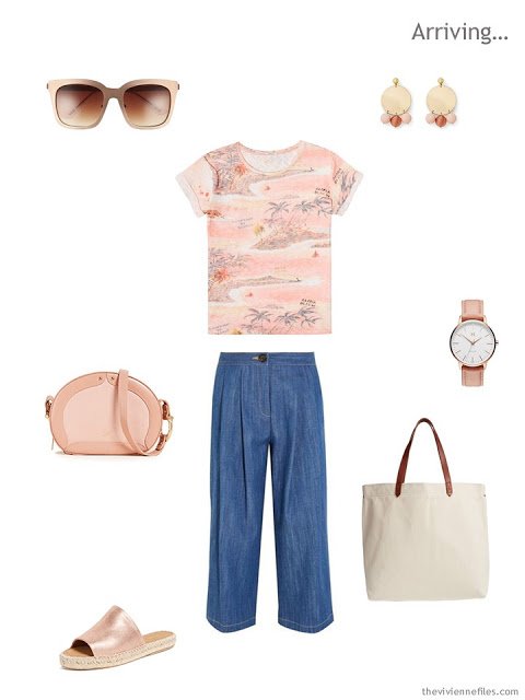 warm weather outfit in peach and denim