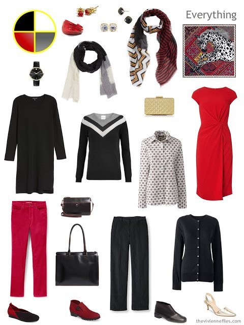 travel capsule wardrobe in black, grey and red