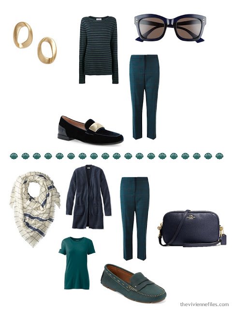 2 outfits from a 4 by 4 Wardrobe in navy, beige and teal