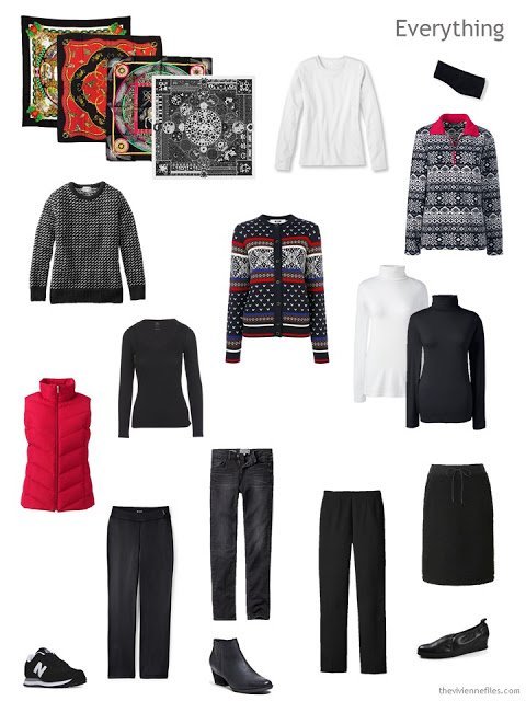 a travel capsule wardrobe for cold weather, in black, white and red