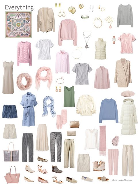 a 12-outfit wardrobe in beige, grey, and pink with cream