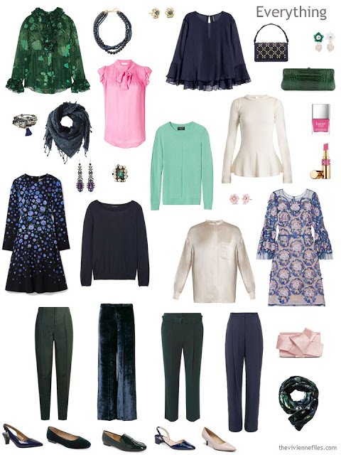 a 13-piece holiday wardrobe in navy, green, ivory and pink