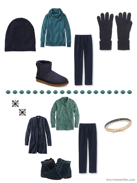 2 outfits from a 4 by 4 Wardrobe in navy, beige and teal