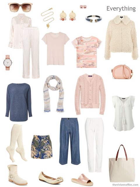 travel capsule wardrobe in bone, peach and denim blue