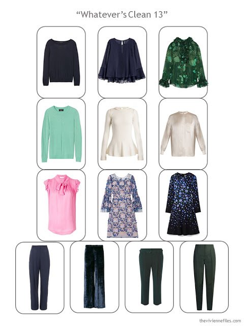 a Whatever's Clean Wardrobe for evening, in navy, green, cream and pink