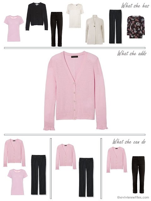 adding a pink cardigan to a capsule wardrobe