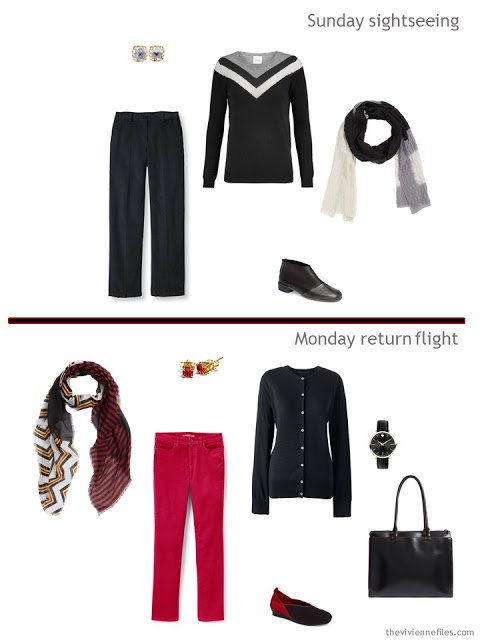 2 outfits from a travel capsule wardrobe in black, red and grey