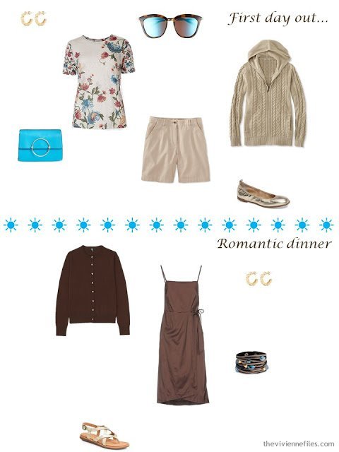 2 outfits from a 4 by 4 Wardrobe in brown, beige, blue and white for a warm-weather vacation