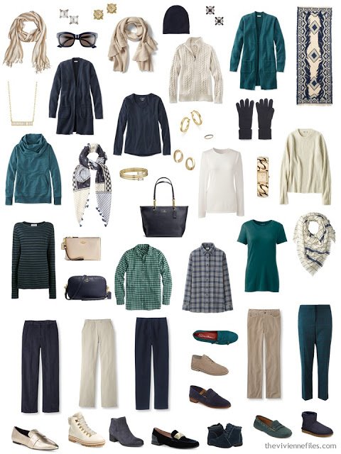 an accessorized 4 by 4 Wardrobe in navy, beige, and teal