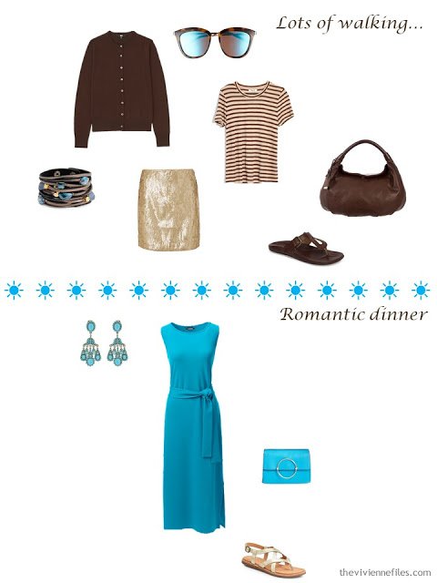 2 outfits from a 4 by 4 Wardrobe in brown, beige, blue and white for a warm-weather vacation