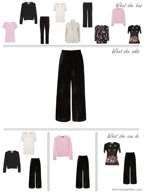 adding velvet pants to a capsule wardrobe