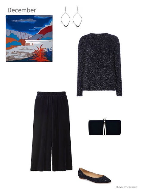 a navy sparkly sweater with navy velvet pants
