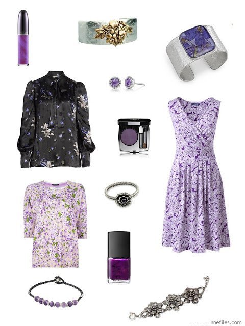 Violets and the color violet in clothing, jewelry and cosmetics