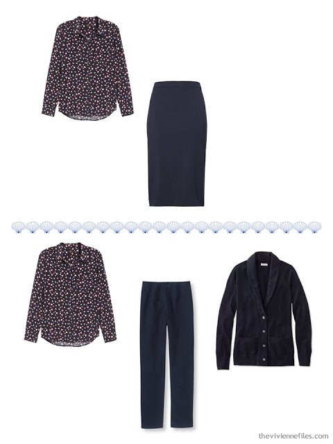 2 ways to wear a navy print blouse from a 4 by 4 Travel Wardrobe