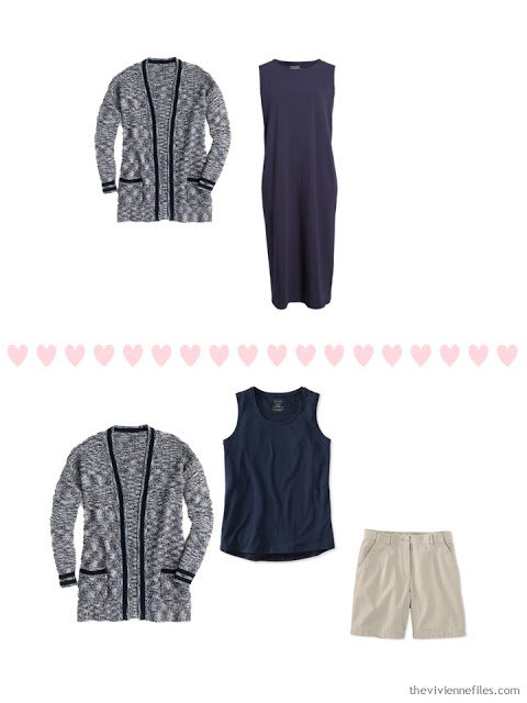 2 ways to wear a navy marled cardigan from a 4 by 4 Travel Wardrobe