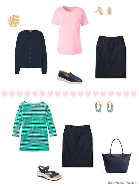 2 ways to wear a navy skirt from a 4 by 4 Travel Wardrobe