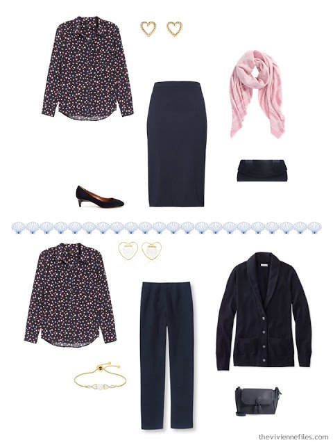 2 ways to wear a dressy blouse from a 4 by 4 Travel Capsule Wardrobe