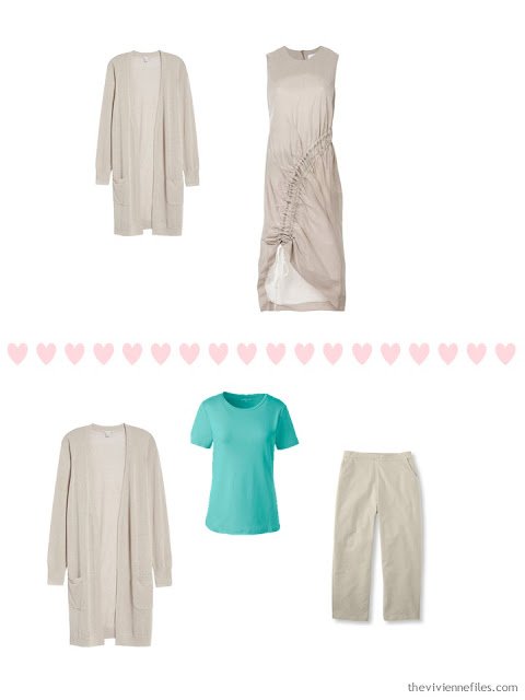 2 ways to wear a beige cardigan from a 4 by 4 Travel Wardrobe