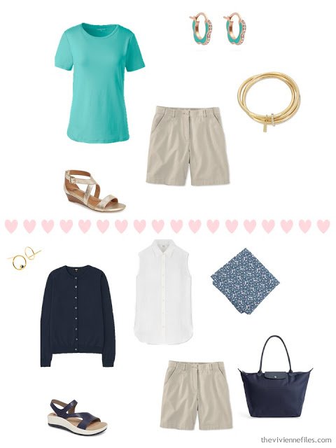 2 ways to wear beige shorts from a 4 by 4 Travel Wardrobe