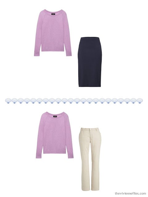 2 ways to wear a lavender sweater from a 4 by 4 Travel Wardrobe